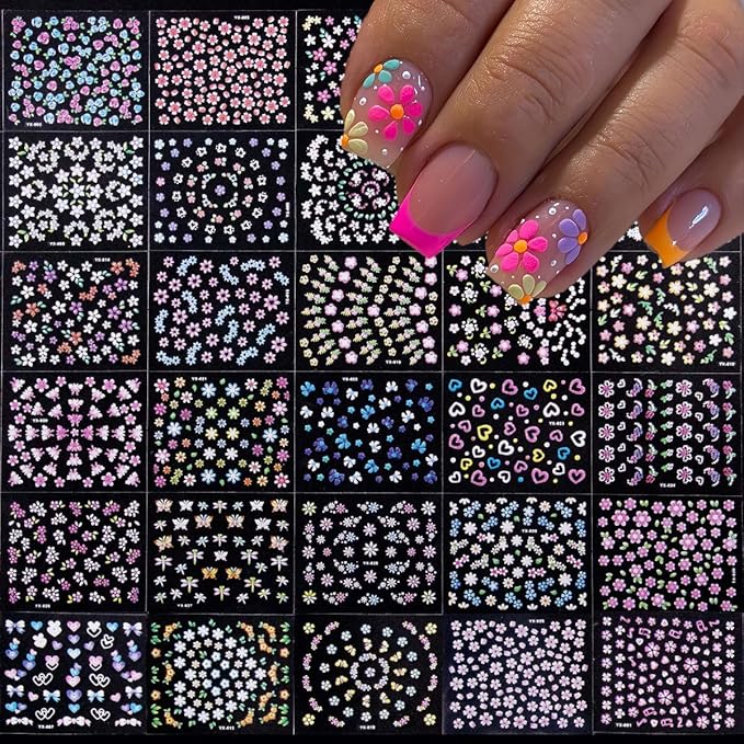 3D Colorful Flowers Nails Art Charms and Flower Nail Art Stickers 4 BoxesNail Rhinestones for Nail Art, Pearl Nail Charms and Silver Gold Caviar Beads for Nails