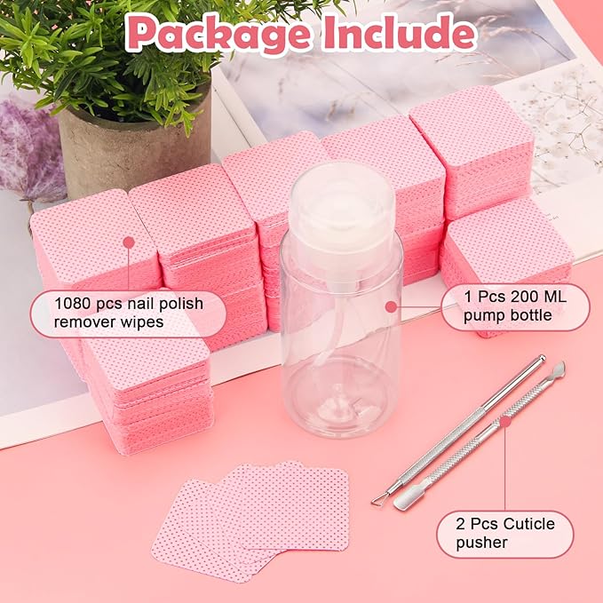 1080 + 3 Pcs Lint Free Nail Wipes Kit, Disposable Nail Polish Remover Pads Non-Woven Nails Eyelash Extensions Wipes, Nail Polish Remover Wipes with 200 ML Bottle, 2 Pcs Cuticle Pusher (Pink)