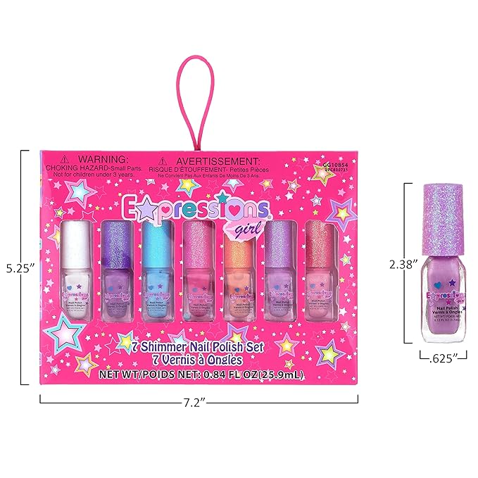 EXPRESSIONS 7pc Shimmer Nail Polish Set - Glitter Cap, Safe & Non-Toxic Nail Polish Kit for Girls & Teens