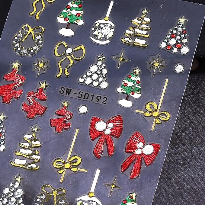 Christmas Nail Art Stickers 5D Embossed Nail Decals with Xmas Tree Light Antler Bow Rhinestones Design Glitter Nail Stickers Acrylic Nail Supplies for Women DIY Christmas Decorations 2 Sheets