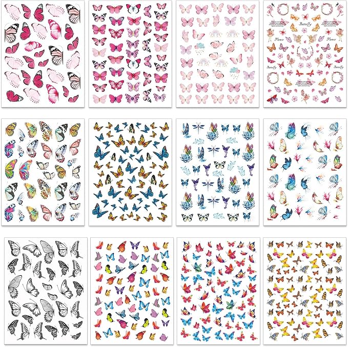 12 Sheets Butterflies Nail Art Stickers, Self-Adhesive 3D Butterflies Wings Nail Decals, Variety Color Glitter Design Nail Decorations