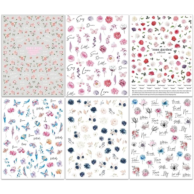 Rose Flower Nail Art Stickers - Pink Floral Leaf Self-Adhesive 3D Nail Decals for DIY Spring Summer Manicure (6 Sheets)