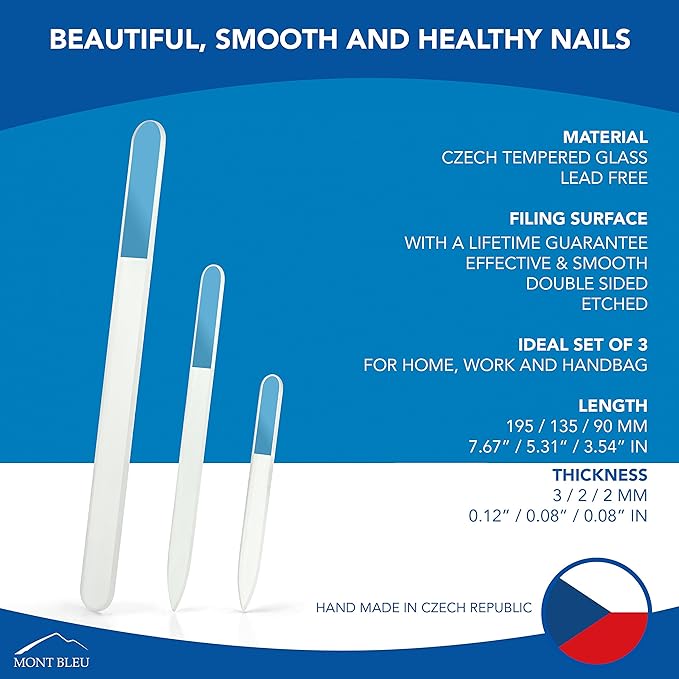 Mont Bleu Set of 3 Glass Nail Files Hand Decorated with Crystals from Swarovski® | Hand Made, Czech Tempered Glass, Lifetime Guaranty