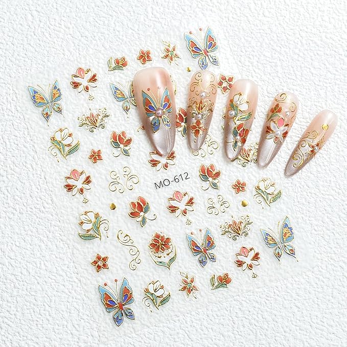3 Sheet Flower Nail Art Stickers Decals 5D Embossed Self- Adhesive Blue Red Flowers Nail Stickers Gold Floral Nail Decals Supplies for Women DIY Manicure Accessories