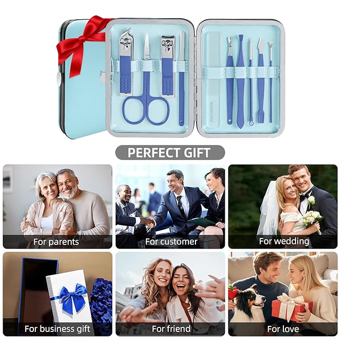 Manicure Set 10 pcs Personal Care Manicure kit for Men,Mens Nail Grooming kit, Andrea Nail kit,Nail Care Tools with Luxurious Travel Case(Blue)