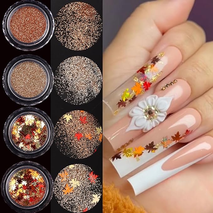 4Pcs Fall Nail Glitters 3D Gold Maple Leaf Nail Sequins with Glitter Flakes Powder Gradient Maple Leaves Shaped Sparkly Supplies for Women Manicure Charms Autumn Winter Thanksgiving Accessories Crafts