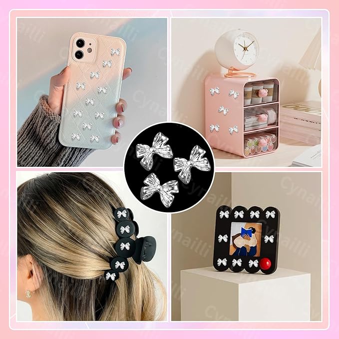 80 Pcs Silver Alloy Bow Nail Charms, 3D Metal Bowknot Nail Jewelry, Nail Art Design DIY Accessories