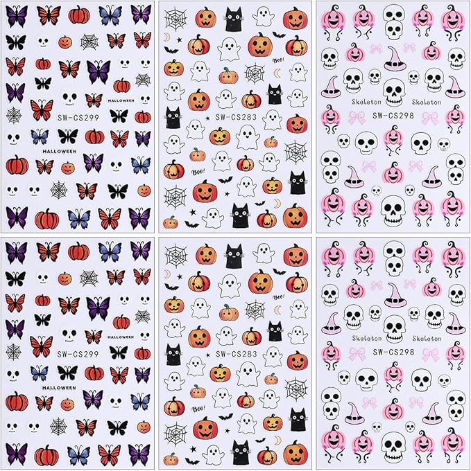 6Pcs Halloween Nail Stickers Butterfly Skull Nail Decals DIY Self Adhesive Cartoon Pumpkin Cat Ghost Web Nail Design Halloween Nail Decoration Supplies Holiday Manicure Accessories for Women Girls