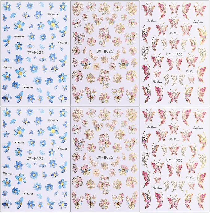 6 Sheets Spring Flower Nail Decals for Nail Art Gold Pink Butterfly Nail Stickers 3D Blue Flowers Nail Decals Self-Adhesive Summer Butterfly Nail Supplies for Women Girls DIY Nails Designs