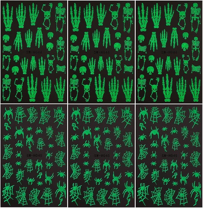 6 Sheets Halloween Nail Decals for Nail Art Glow in The Dark Spider Web Skeleton Nail Art Stickers Hand Bones Skull Nail Stickers 3D Self-Adhesive Spider Nail Supplies for Women Holiday Nails Designs