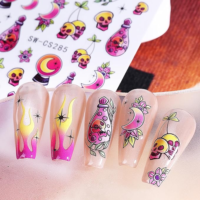 5 Pcs Halloween Nail Art Stickers,3D Self-Adhesive Nail Decals Spider Webs Cute Ghost with Designs Skull Pumpkin Nail Decorations Halloween DIY Manicure Supplies for Women Girls