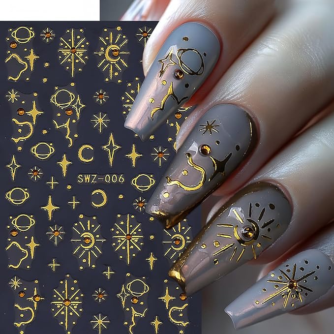 5 Sheets Star Nail Art Stickers 3D Self-Adhesive Gold Stars Starlight Nail Stickers with Red Rhinestones Design Nail Decals Star Moon Nails Sticker for Women Daily DIY Manicure Decoration