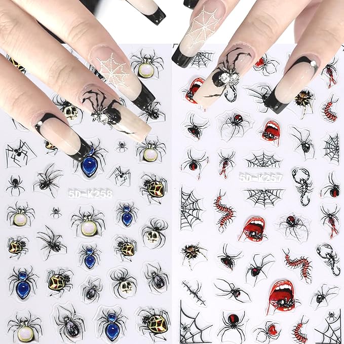 2Sheets Black Spider Nail Art Stickers 5D Embossed Spider Nail Decals with Gems Charms Designs Nail Stickers Self-Adhesive Centipede Spider Web Nail Decal for Women DIY Halloween Nails Decor Accessory