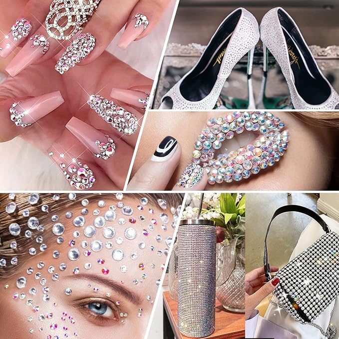 Canvalite Rhinestones 2784PCS in 6 Sizes Flat Back Gems, Crystal AB Art Gems with 5Pcs B7000 Glue, Pick Up Tweezers and Picker Dotting Pen for Nails, Makeup, Stocking Stuffers Gifts for Women