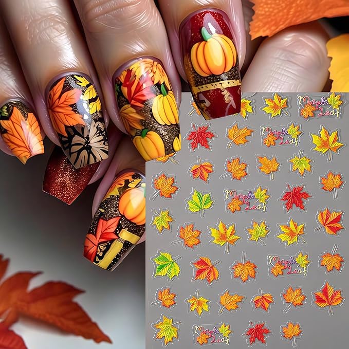 4 Sheets Fall Nail Art Stickers Maple Leaf Nail Decals 3D Self-Adhesive Autumn Leaves Design Stickers Thanksgiving Maple Leaves Nail Decals for Women Holiday DIY Manicure Decoration