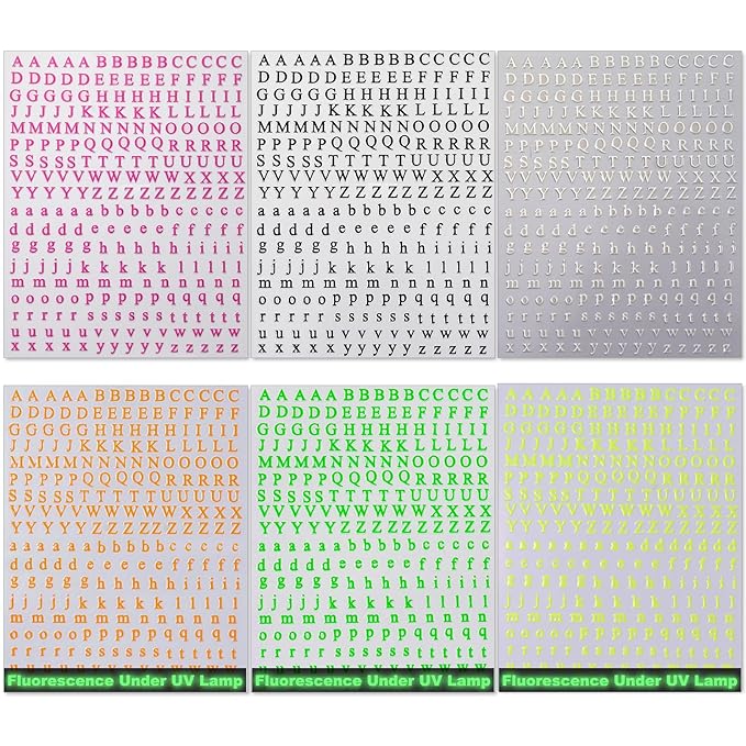 Letter Nail Art Stickers - 3D English Alphabet Nail Decals for DIY Part of Fluorescence Acrylic Manicure Holographic Nail Decorations(6 Sheets)