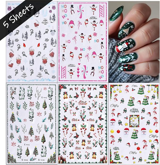5 Sheets Christmas Nail Stickers 3D Self-Adhesive Dwarf Santa Claus Snowflake Xmas Trees Nail Decals Cute Elk Penguin Nails Design Stickers Winter Nails Supplies for Women Holiday DIY Manicure Decor
