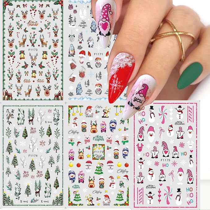 5pcs/Set Christmas Nail Stickers Santa Claus Tree Bell Deer Snowflake Snow Candy Cartoon Elk Nail Art Design 3D Adhesive Nail Stickers for Winter New Year Sliders Decals Manicure Supplies Decoration