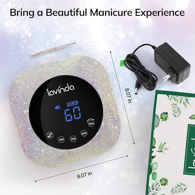 Lavinda UV LED Nail Lamp for Gel Nails, Cordless Rechargeable Nail Light with 4 Timer Settings, Touch LCD Display, Removable Base, 54W Professional Nail Dryer for Salon Home Use Diamond Design