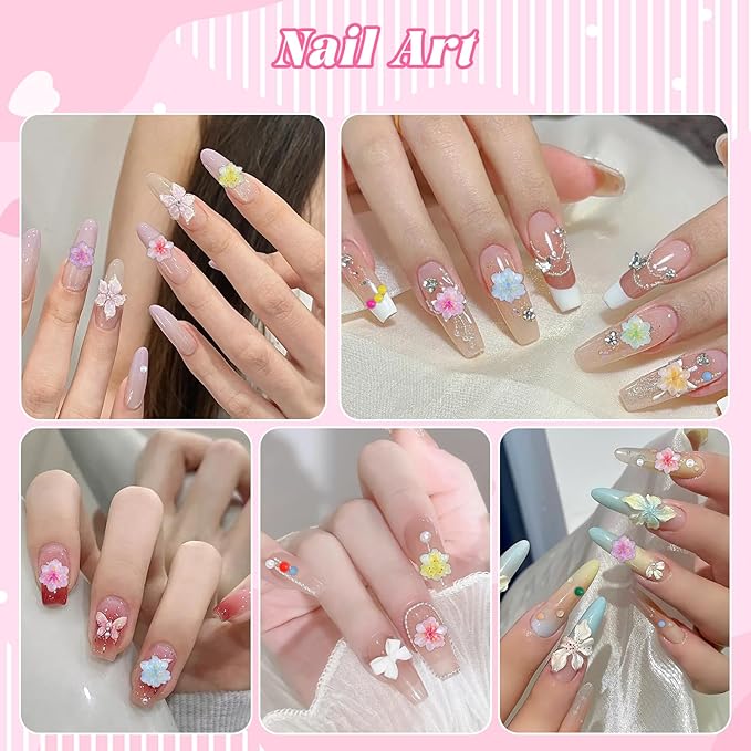 300Pcs Flower Nail Charms Kit, 100Pcs 3D Resin Cherry Nail Charms and 100Pcs Pearls with 100Pcs Macaron Beads, Colorful Hibiscus Floral Tiny Gems Round Beads for Women Manicure Craft DIY