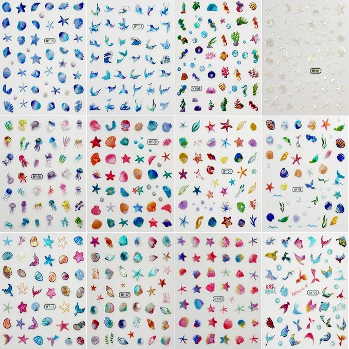 12 Sheets Ocean Nail Stickers Decals Summer Nail Decals for Nail Art 3D Self Adhesive Beach Nail Art Stickers Shellfish Starfish Designs Nail Art Supplies for Women Nail Manicure Decorations