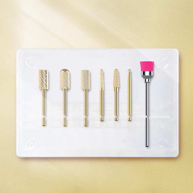 MelodySusie Nail Drill Bits Set, 7pcs Tungsten Carbide Nail Bits for Nail Drill E-file, 3/32 inch Bits Manicure Pedicure Remover Tools for Acrylic Gel Nails, Salon Home Nail Care Supplies, Gold