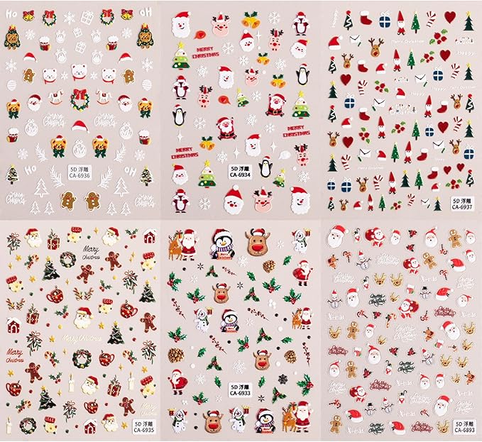6Sheets Cute Christmas Nail Art Stickers 5D Embossed Cute Santa Claus Elk Designs Nail Decals Self-Adhesive Snowman Snowflake Nail Sticker Xmas Tree Gingerbread Man Nail Decal for Women Nails Decor