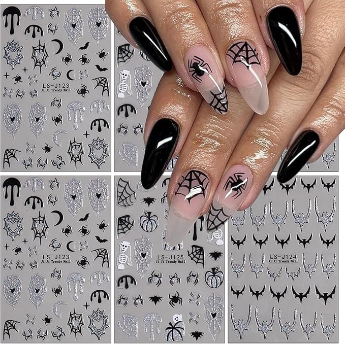 Silver Glitter Spider Nail Stickers,Halloween 3D Nail Decals Spiders Web Love Heart Glitter Flame Blood Drop Bat Star Moon Ghost Skull Design for Nail Art Halloween Supplies Manicure Decorations 6Pcs