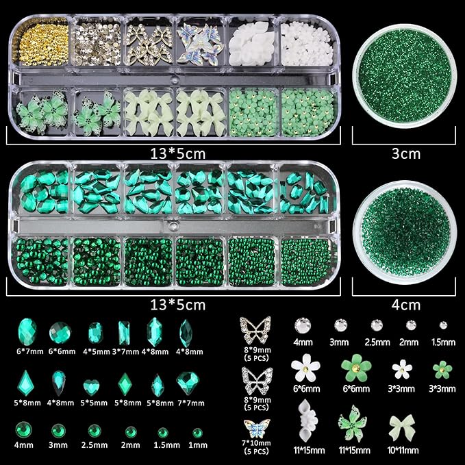 4 Boxes Green Nail Gems Bow Flower Nail Charms for Acrylics - Irregular Crystals, Nails Rhinestone & Accessories for Women Nails Art Design Nails Decor(Green)