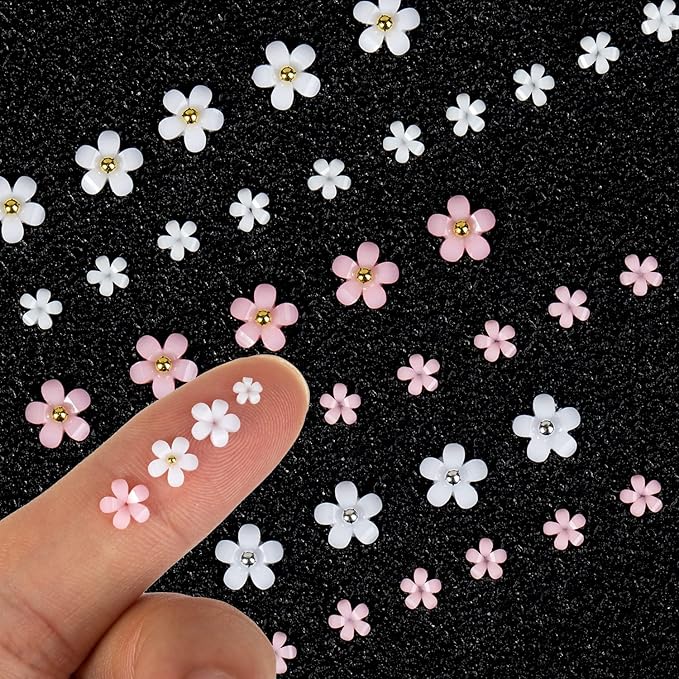 3D Flower Nail Charms for Nails Colorful Flowers Flatback Nail Rhinestones White Pink Purple Acrylic Flower with Gold Silver Caviar Beads Round Pearls Nail Art Supplies Manicure DIY Nail Decorations