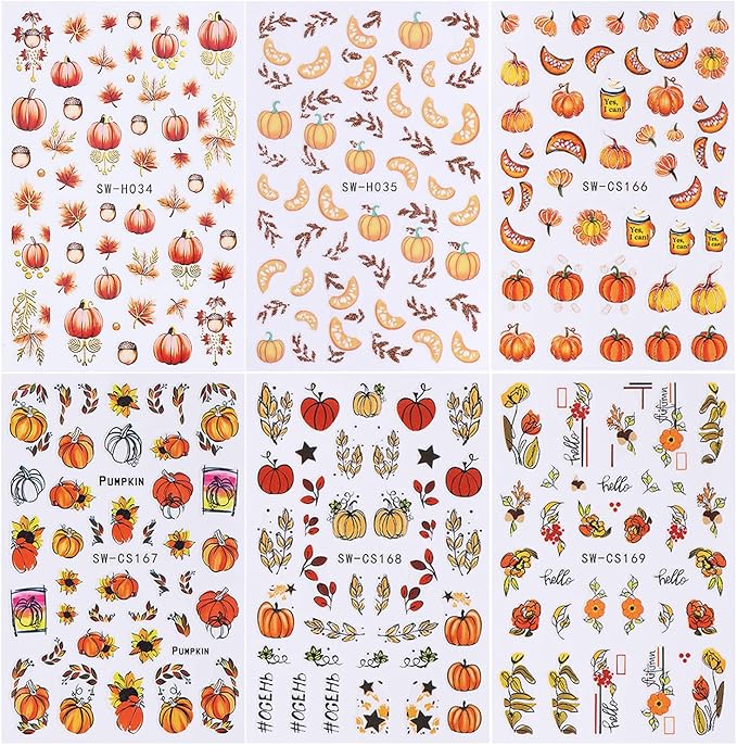 6 Sheets Fall Nail Stickers for Nail Art Autumn Maple Leaf Nail Art Stickers Pine Cones Flower Leaves Pumpkin Nail Decals 3D Self-Adhesive Holiday Nail Sticker for Women Thanksgiving Nails Designs
