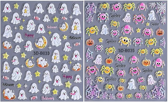 2 Sheets Halloween Nail Art Stickers 5D Embossed Cute Ghost Nail Decals Self-Adhesive Pink Yellow Spider Nail Sticker Star Pumpkin Spider Web Nail Decal for Women DIY Nail Design Supplies