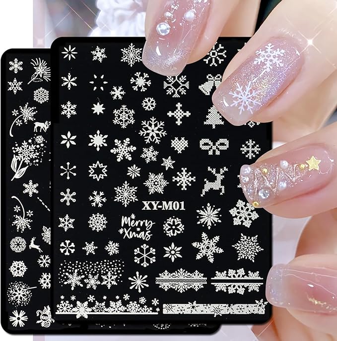 6Pcs Christmas Stamping Plates Set Winter Nail Stamp Kit Xmas Art Image Plates With Snowflakes Tree Bell Snowman Elk Designs DIY Stainless Steel Polish Template