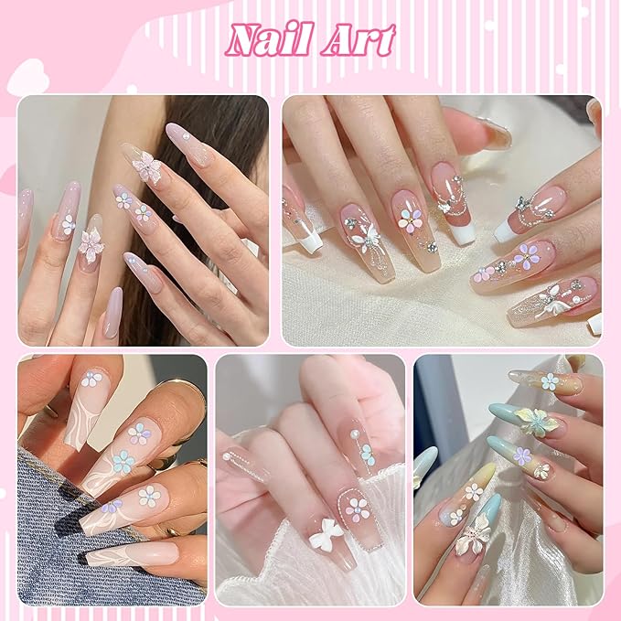 500Pcs Flower Nail Charms Kit, 400Pcs 3D Colorful Flowers Petals and 100Pcs Round Pearls with Nail Beads, Cherry Blossom Petal Tiny Gems Mixed Rhinestone for Nails DIY