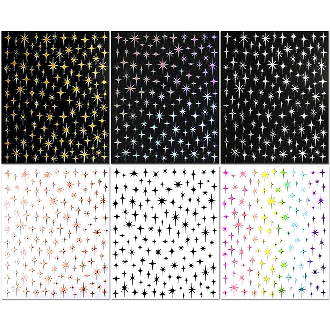 Star Nail Art Stickers - Colorful Shiny Starlight Self-Adhesive Glitter Sparkle Nail Decals for DIY Silver Gold White Black Manicure (6 Sheets)