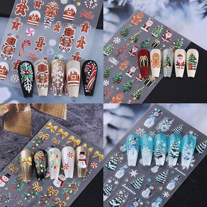 4 Sheets Christmas Nail Art Stickers 5D Micro Relief Gingerbread Man Nail Decals Santa Claus Snowman Snowflake Xmas Tree Nail Design Xmas Light Bow Nail Decor Winter Holiday Manicure DIY Nail Supplies