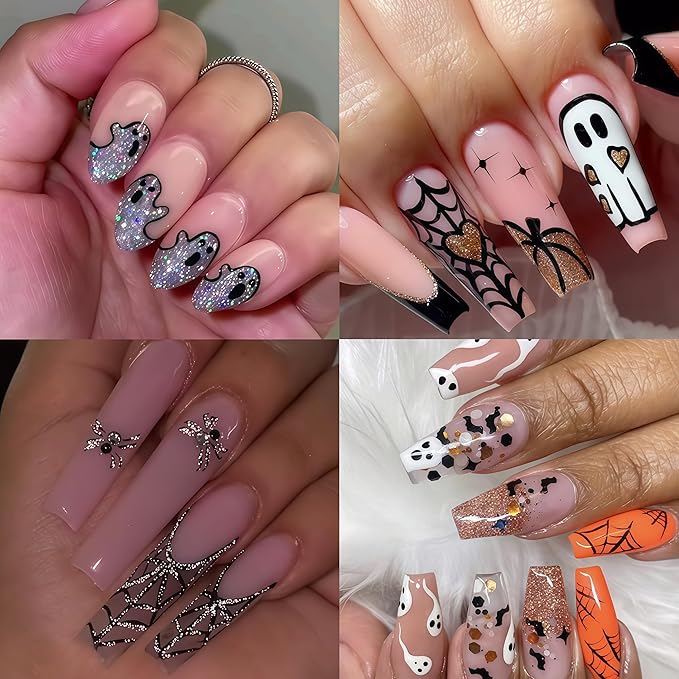 6 Sheets Halloween Nail Art Stickers Gold Glitter Pumpkin Nail Decals 3D Self Adhesive Ghost Spider Web Skull Bats Nail Design Nail Stickers Manicure Accessories for Women DIY Manicure Decoration