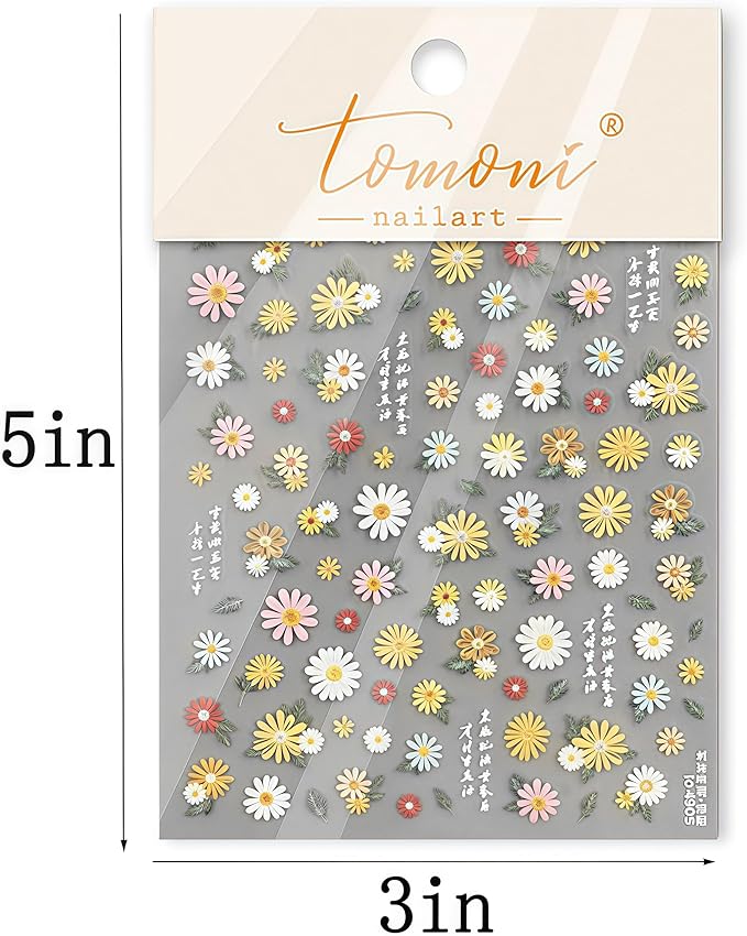 Colorful Flowers Nail Stickers 5D Self-Adhesive Embroidered Daisy Floral Design Decals Spring Daisy Flowers Nail Art Charms for Women DIY Decorations Exquisite Cardboard 1Sheets Set