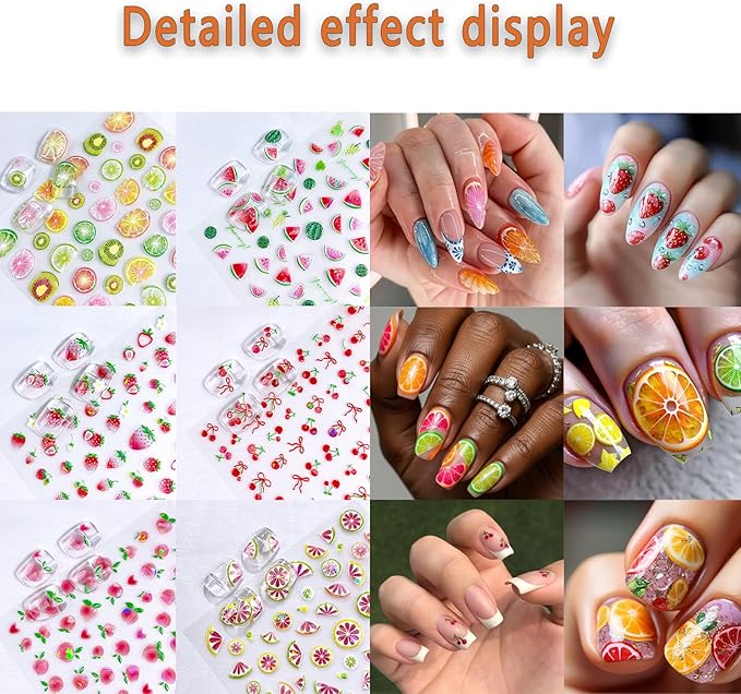 6 Sheets Summer Fruit Nail Art Stickers Decals 5D Jelly Embossed Fruit Shell Light Nail Stickers Lemon Kiwifruit Exquisite Design Summer Nails Decals Manicure Supply for Women DIY Nail Decorations