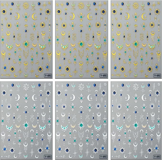 6 Sheets Hot Stamping Gold & Silver Star Nail Art Stickers 3D Self -Adhesive Moon Stars Nail Decals Holographic Pendant Vintage Moon Nail Stickers Unique Nail Decoration for Women Manicure Supplies