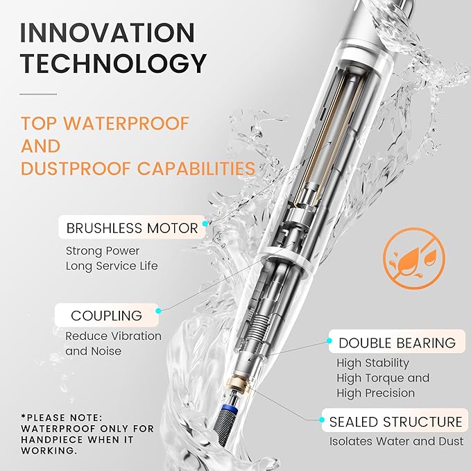 L'UGX Professional Nail Drill, Waterproof 35000RPM Brushless Nail Drill Machine, Rechargeable Nail Efile for Acrylic Gel Nails, Low Noise and Low Vibration