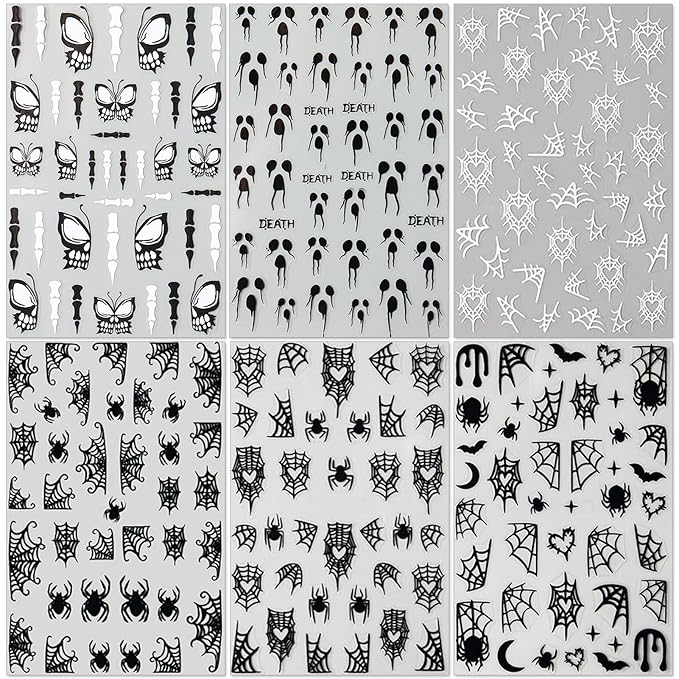 Halloween Horror Nail Stickers, Death Terrifying Face Butterflies Skull Self-Adhesive 3D Nail Art Decals for DIY Black Spider Web Manicure (6 Sheets)