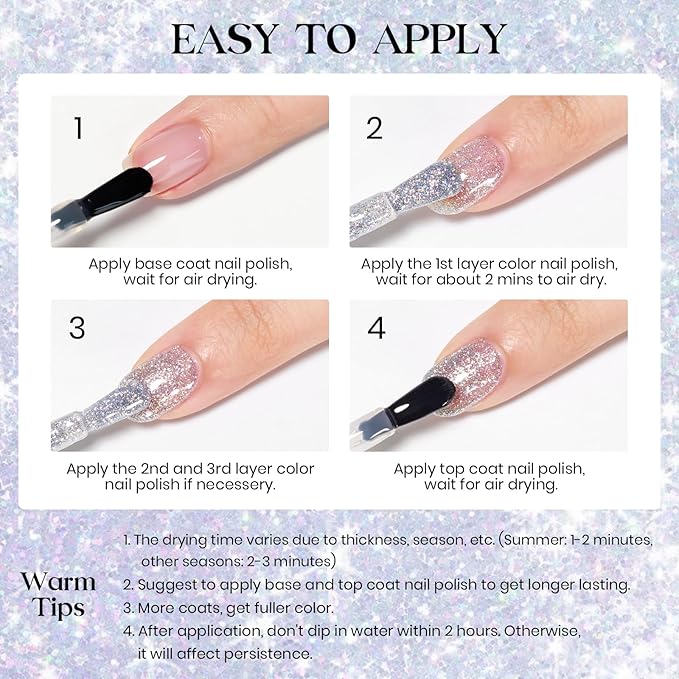 MIZHSE Quick Dry Glitter Nail Polish, Siver Rainbow Nail Polish Air Dry Fast, 15ml High Glossy Sparkly Shiny Shimmery Iridescent Silver Nail Art Salon Manicure Home