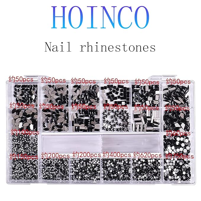 HOINCO Black Rhinestones for Nails - 3100 Pcs Mix Flatback Rhinestone/Gems - 600 Diamonds + 2500 Round Beads for Nail Crafts with Tweezers Pen