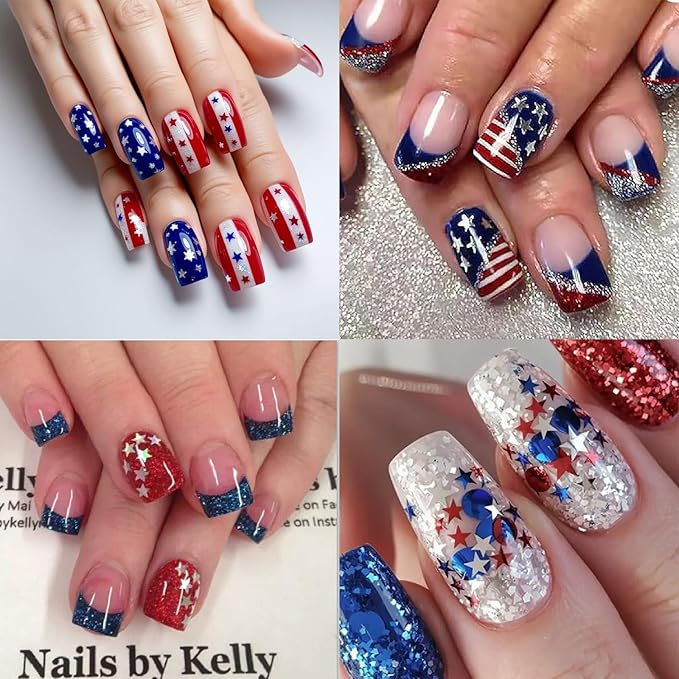 12 Grids Independence Day Nail Sequins,3D Holographic Nails Glitter Laser Star Nail Shining Flakes for Fourth of July Five-Pointed Star Mixed Sequins for America Patriotic Face Makeup Nail Decoration