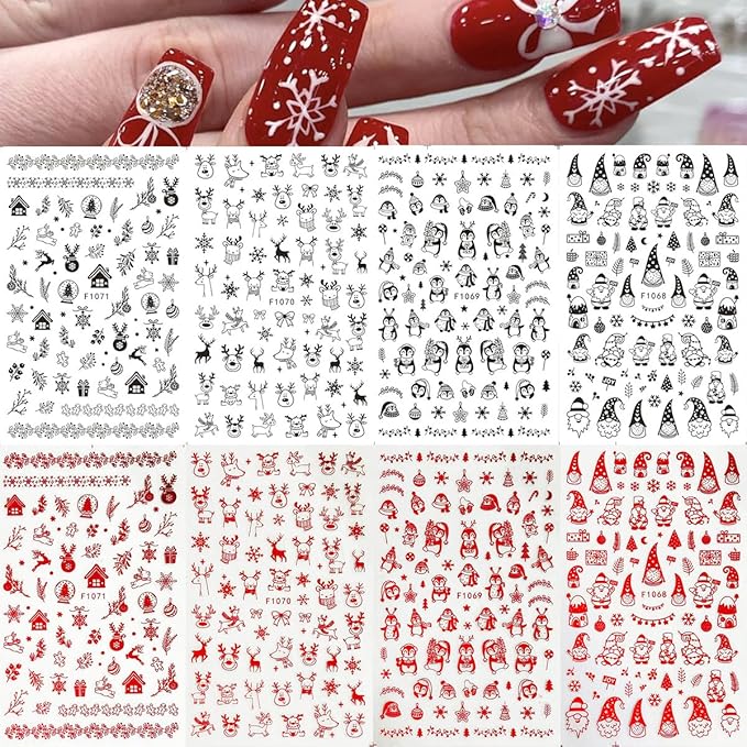8 Sheets Christmas Nail Stickers 3D Self-Adhesive Winter Santa Claus Decals Glossy Black Red Reindeer Snowflake Bell Elk Xmas Trees Art Supplies for DIY Nails