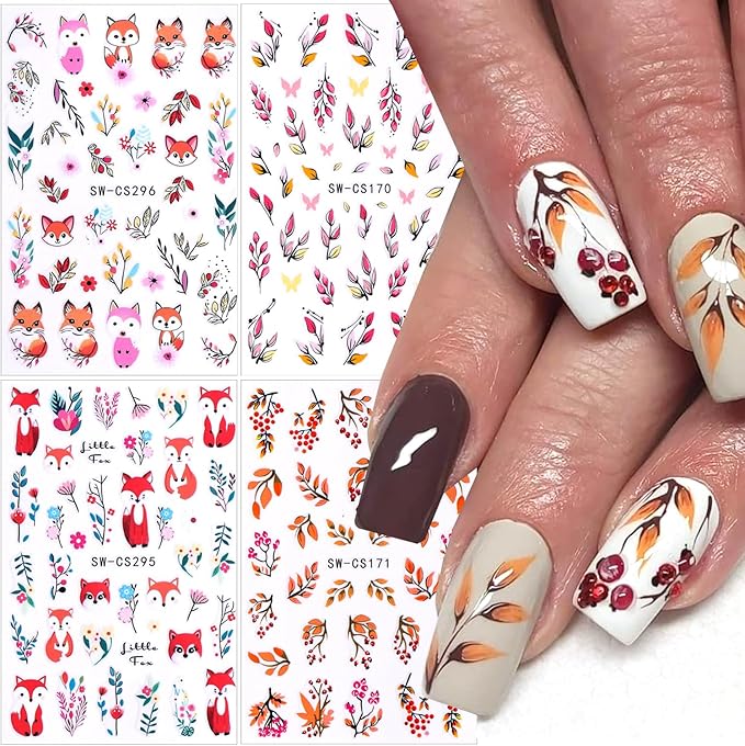 4pcs Fall Nail Stickers for Nail Art, 3D Autumn Fox Leaves Flowers Nail Decals Thanksgiving Leaf Pattern 3D Self-Adhesive Nails Sliders Fall Sticker for Nails Decoration DIY Manicure Accessories