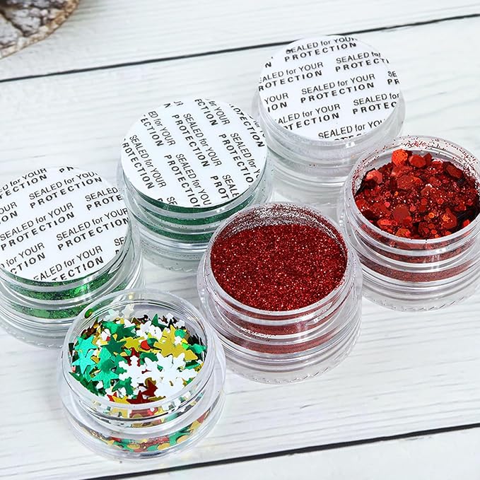 Snowflake Nail Art Glitter Christmas Nail Sequins Flakes, 3 Colors Manicure fine Glitter Powder, 3D Holographic White Green Red Winter Nail Stickers Decals Supplies Nail Charms for Women Girls 6 Box
