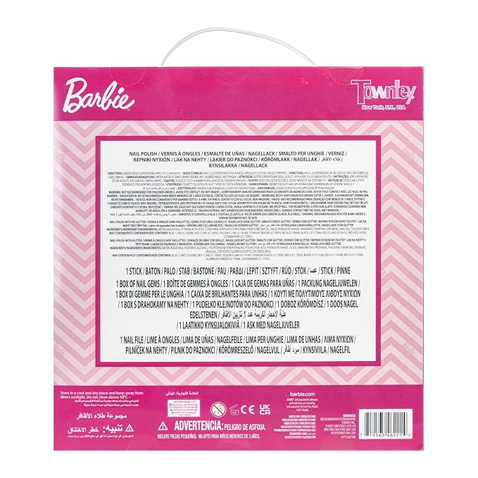 Townley Girl Barbie Movie 18 Piece Set Kids Water-Based Nail Polish Set, Includes Nail Polish, Nail Gems, Nail File for Age 3+, Parties Birthday