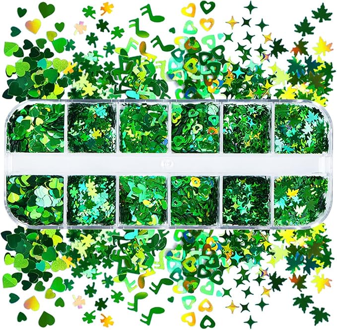 Laser Green Glitter Nail Art Sequins, Holographic 3D Sparkly Flakes Decoration, Love Heart Stars Shamrocks Music Leaf Nail Art Design Supplies for Women Girls Manicure Charms Decorations DIY Crafts
